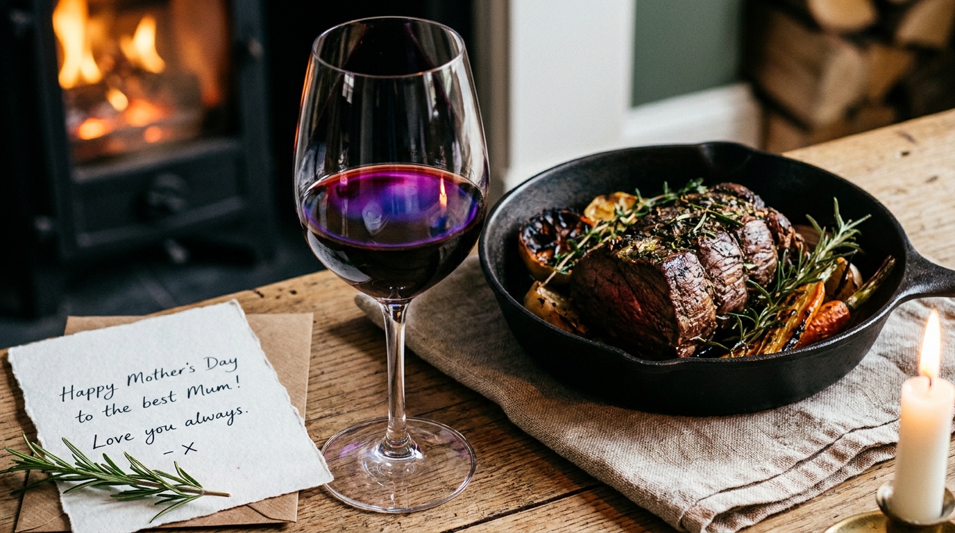 Taça de Malbec argentino ao lado de prato assado e cartão de Dia das Mães