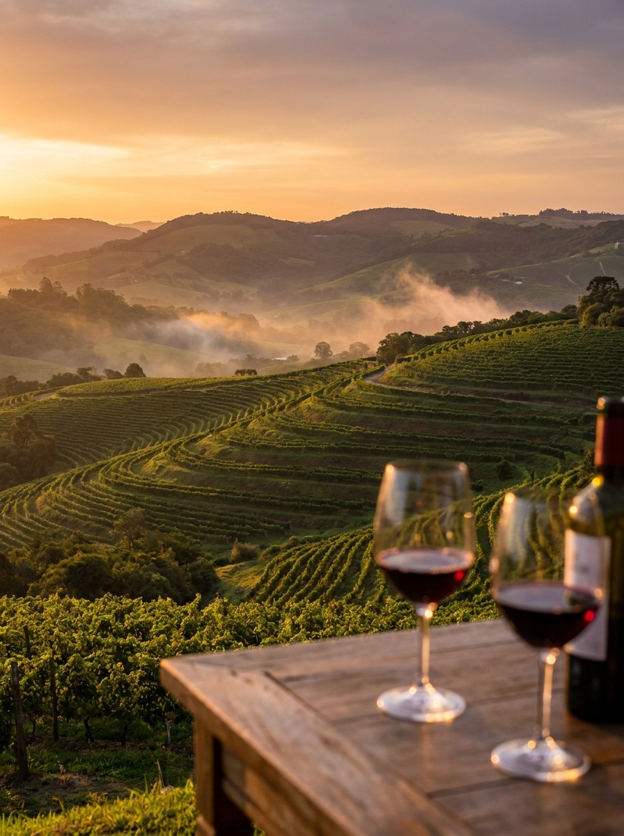 Vinhedos da Serra Gaúcha em Bento Gonçalves com taças de vinho ao entardecer
