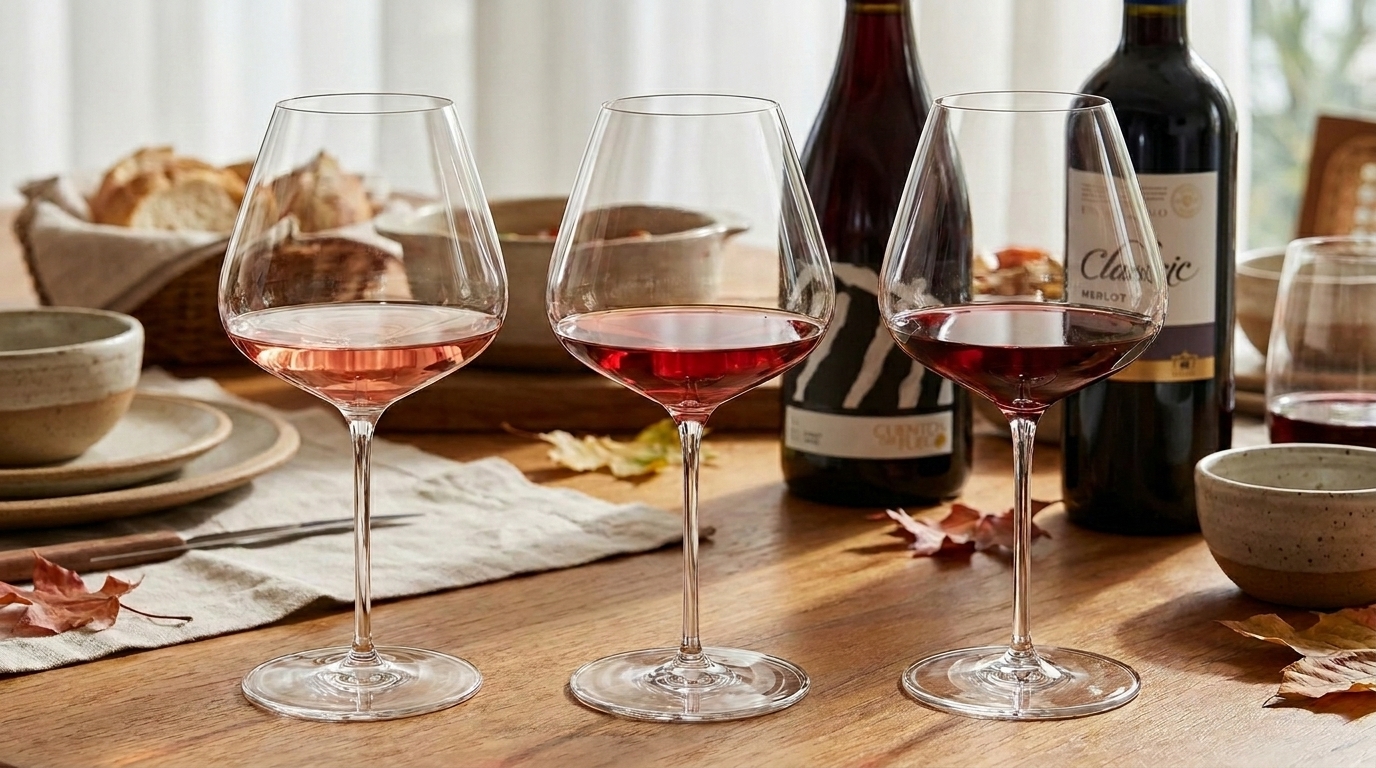 Taças de Pinot Noir e Merlot leve em mesa de degustação de outono