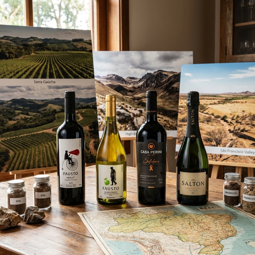 Diversidade de terroirs do vinho brasileiro com vinhedos, garrafas e amostras de solo
