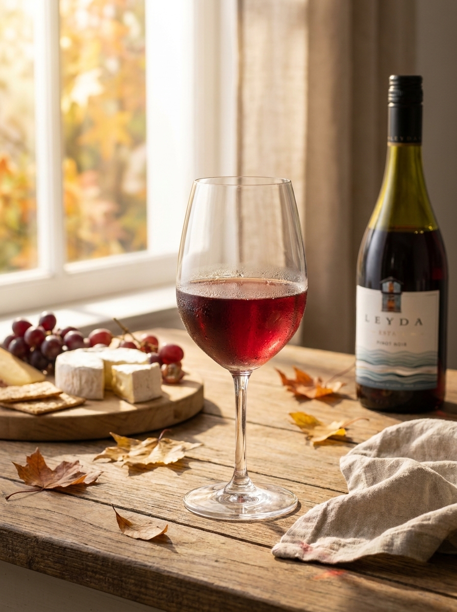 Taça de vinho tinto leve servida levemente resfriada em tarde de outono