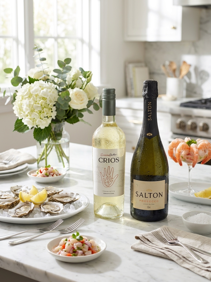 Vinho branco e espumante brut gelados com entradas leves em mesa elegante